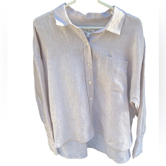 Haven Well Within NWOT 100% linen white tan striped button down oversized shirt - Picture 1 of 12